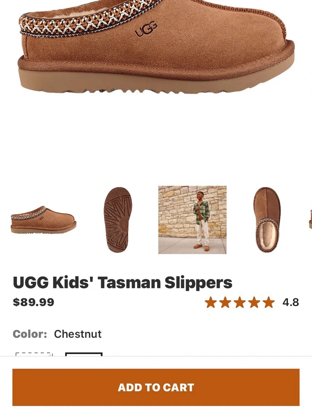 UGG Big Kids Chestnut Slip-On Shearling-Lined Tasman Slippers - size 4